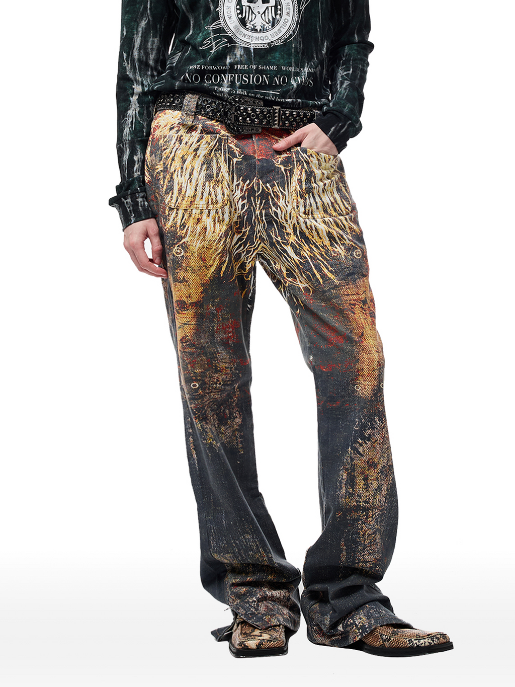 CYCYCY Feather Full-Print Slim Flared Jeans