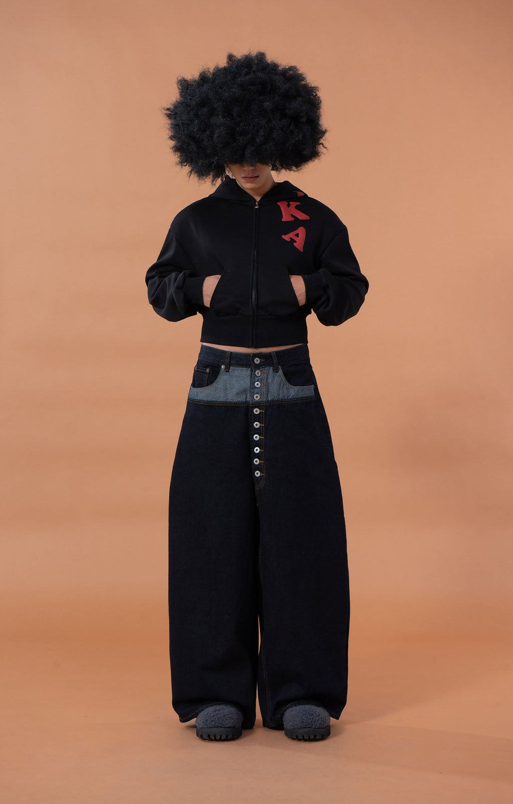 CLP Contrast-Waist Botton-Fly Oversized Raw Jeans