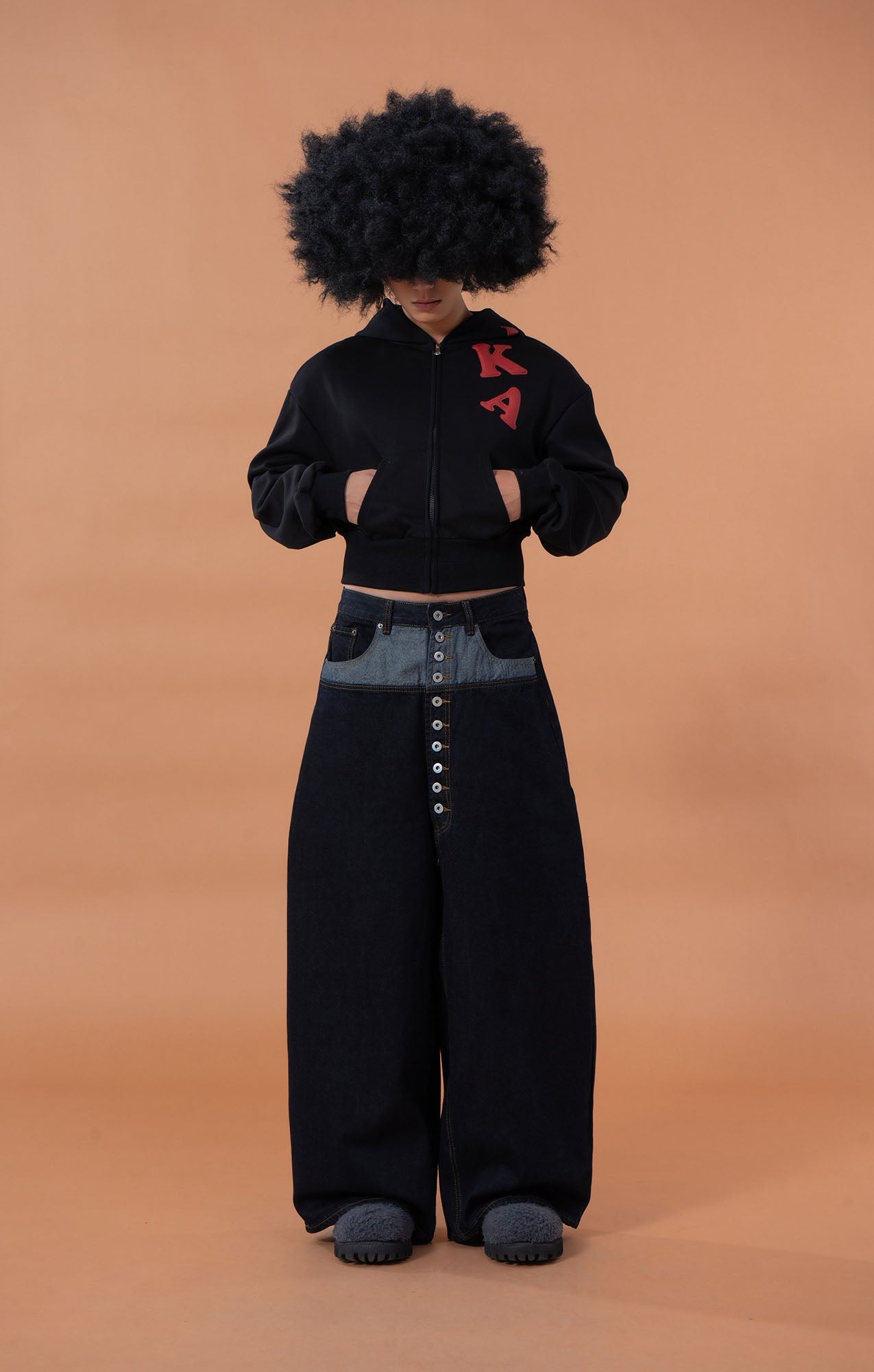CLP Contrast-Waist Botton-Fly Oversized Raw Jeans