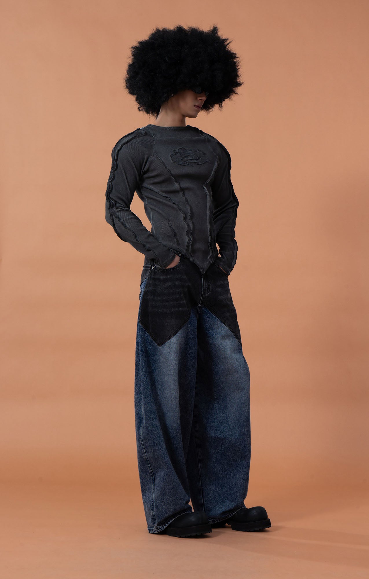 CLP Distressed Raw-Seam Paneled Long-Sleeve Tee