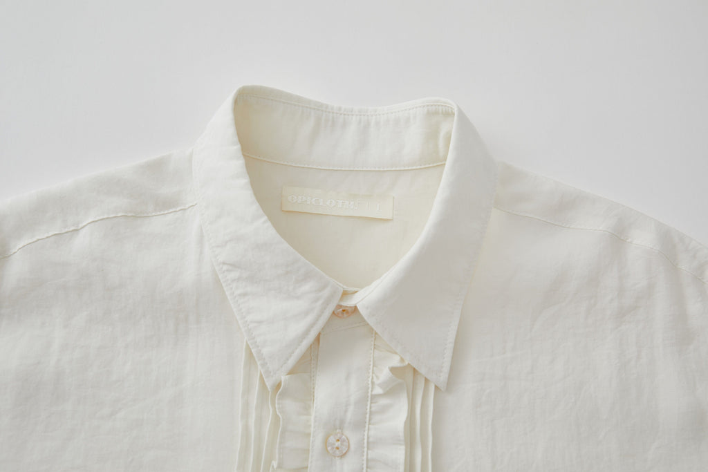 OPICLOTH Retro Pintuck Ruffle Modal Blend Half Shirt