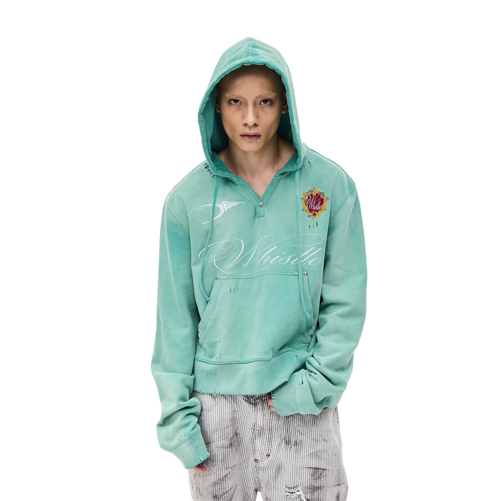 WHISTLEHUNTER Distressed Embroidered V-Neck Hoodie
