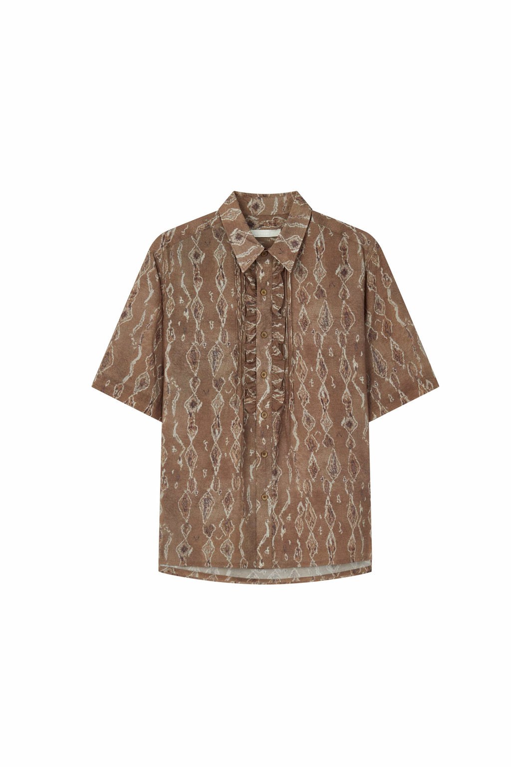 OPICLOTH Retro Woodgrain Full-Print Ruffle Half Shirt
