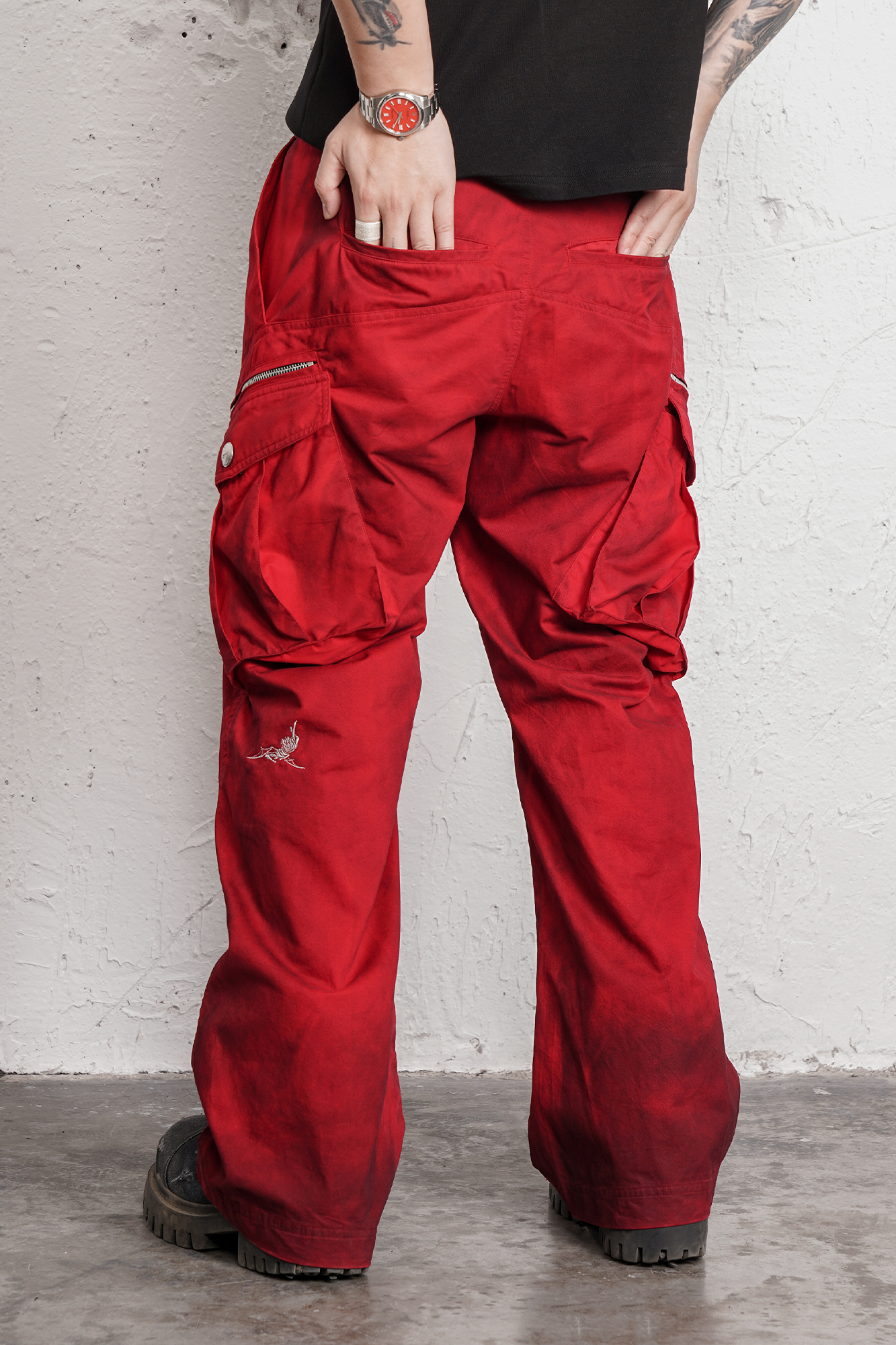UNDERWATER Burnt Red Dirty-Dyed Moleskin Cargo Pants