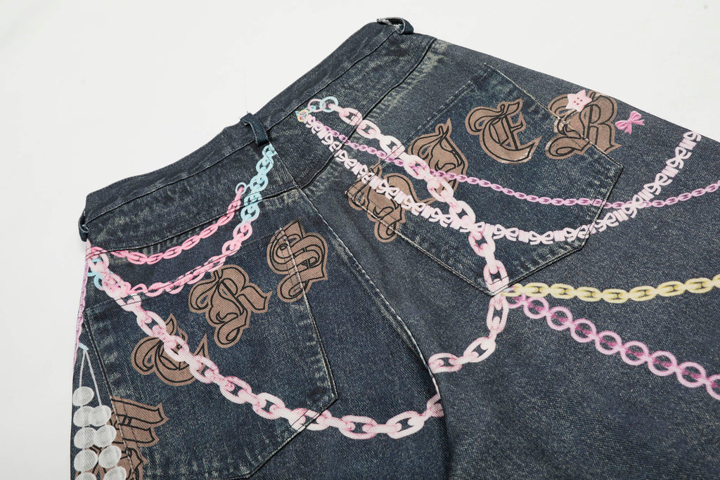 CLP Beaded Chain Graphics Wide-Leg Denim Shorts