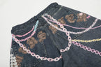CLP Beaded Chain Graphics Wide-Leg Denim Shorts