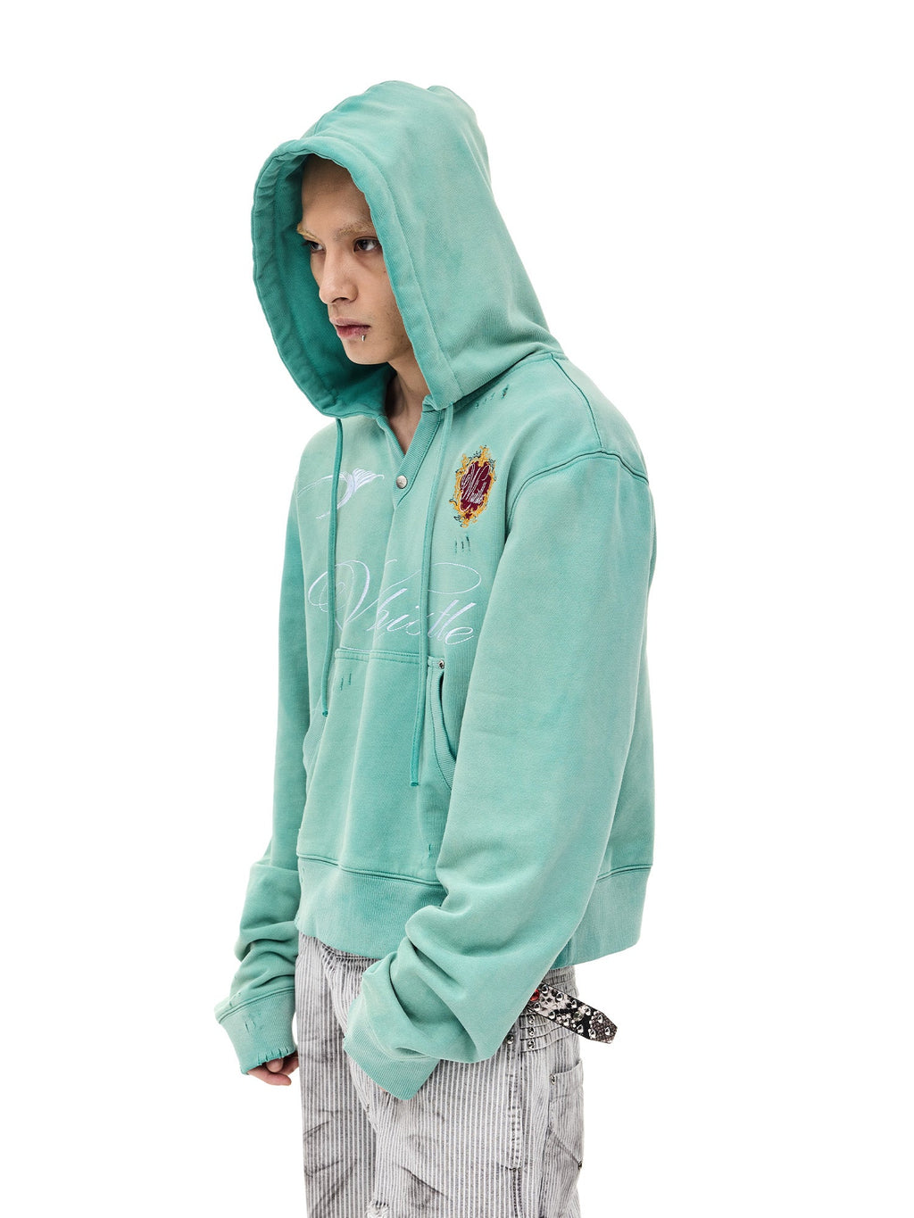 WHISTLEHUNTER Distressed Embroidered V-Neck Hoodie