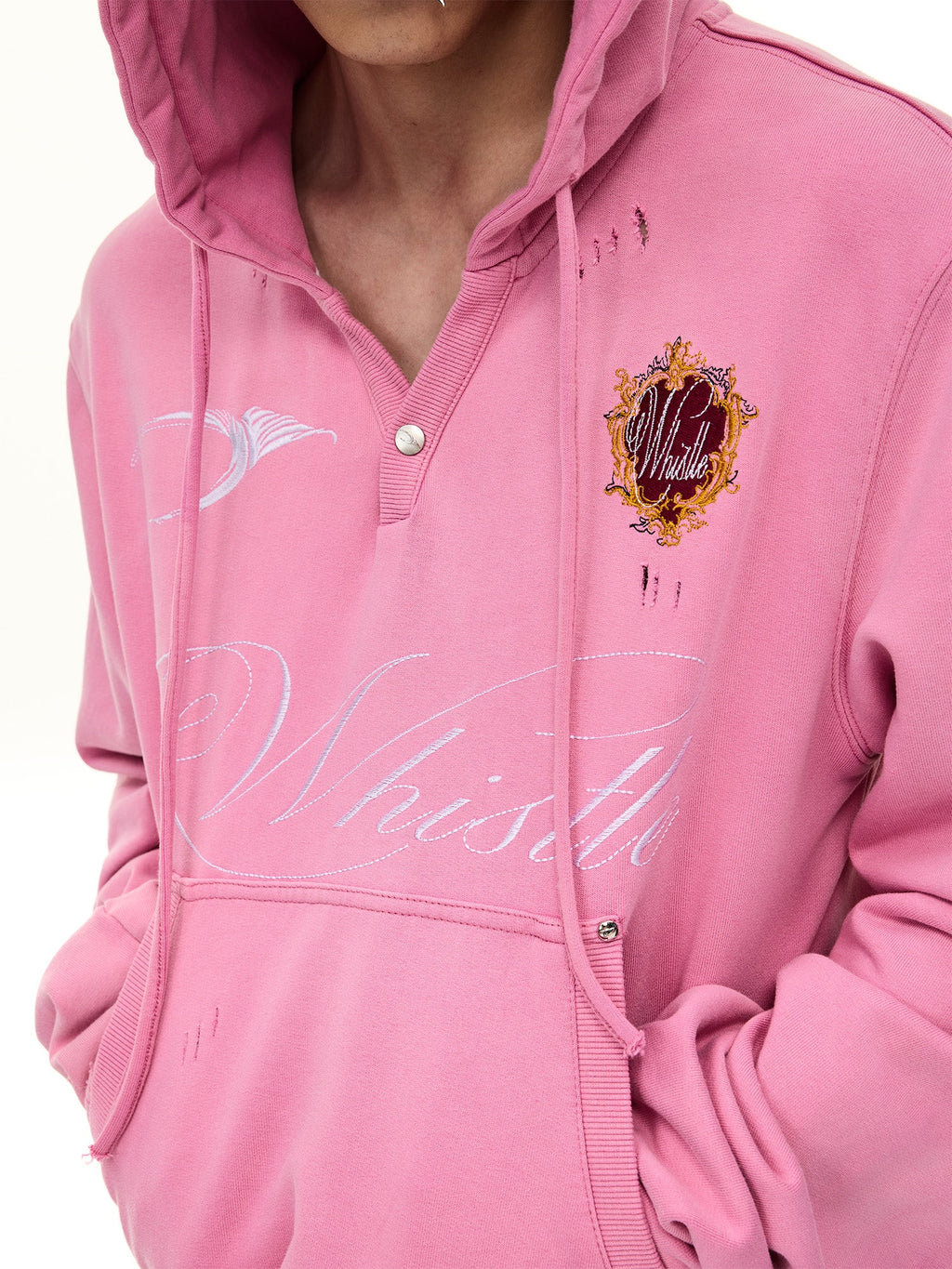 WHISTLEHUNTER Distressed Embroidered V-Neck Hoodie