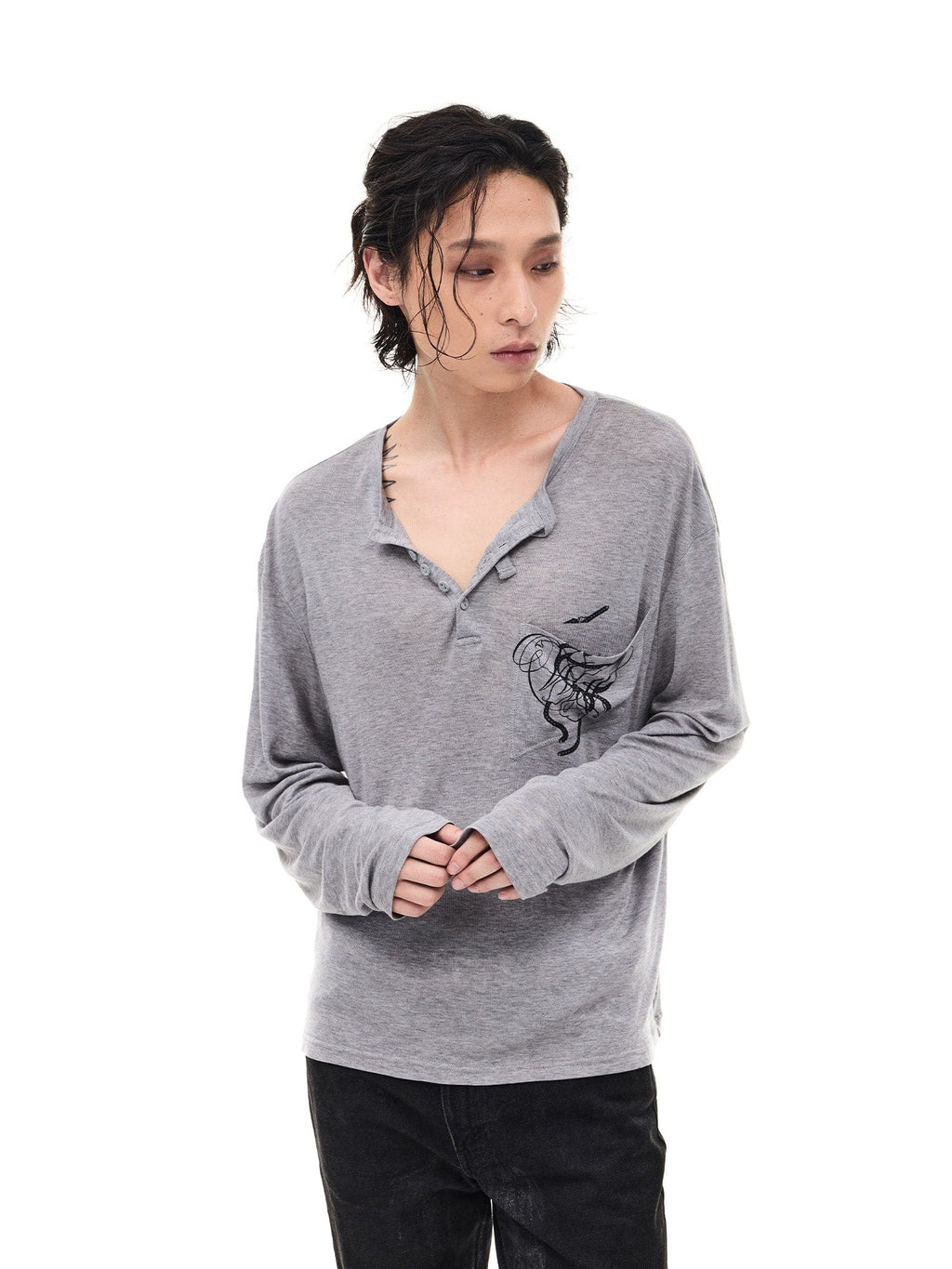 WHISTLEHUNTER Merino-Tencel Henley Graphic Long-Sleeve Tee