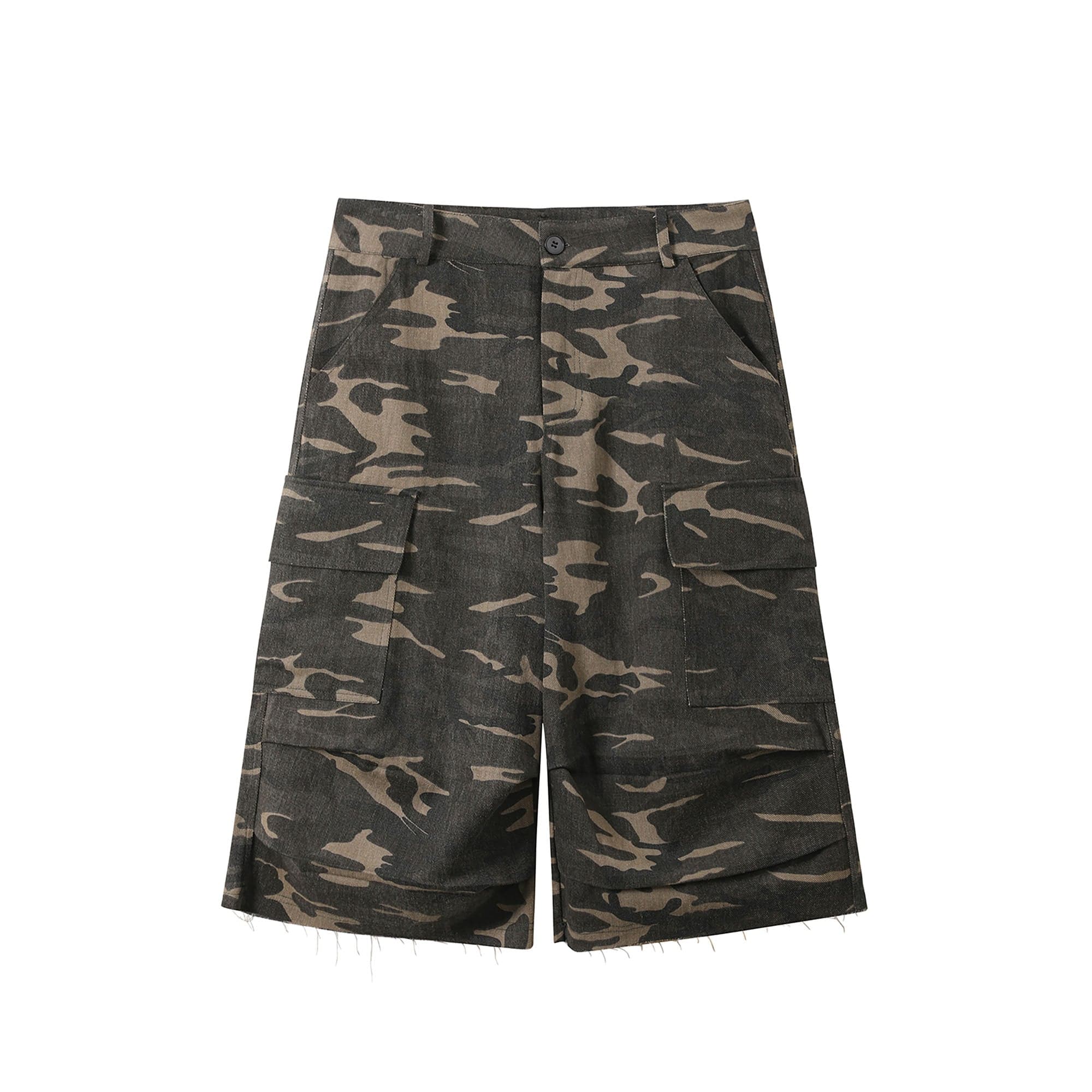 DONSMOKE Camo Multi-Pocket Raw-Edge Curved Shorts