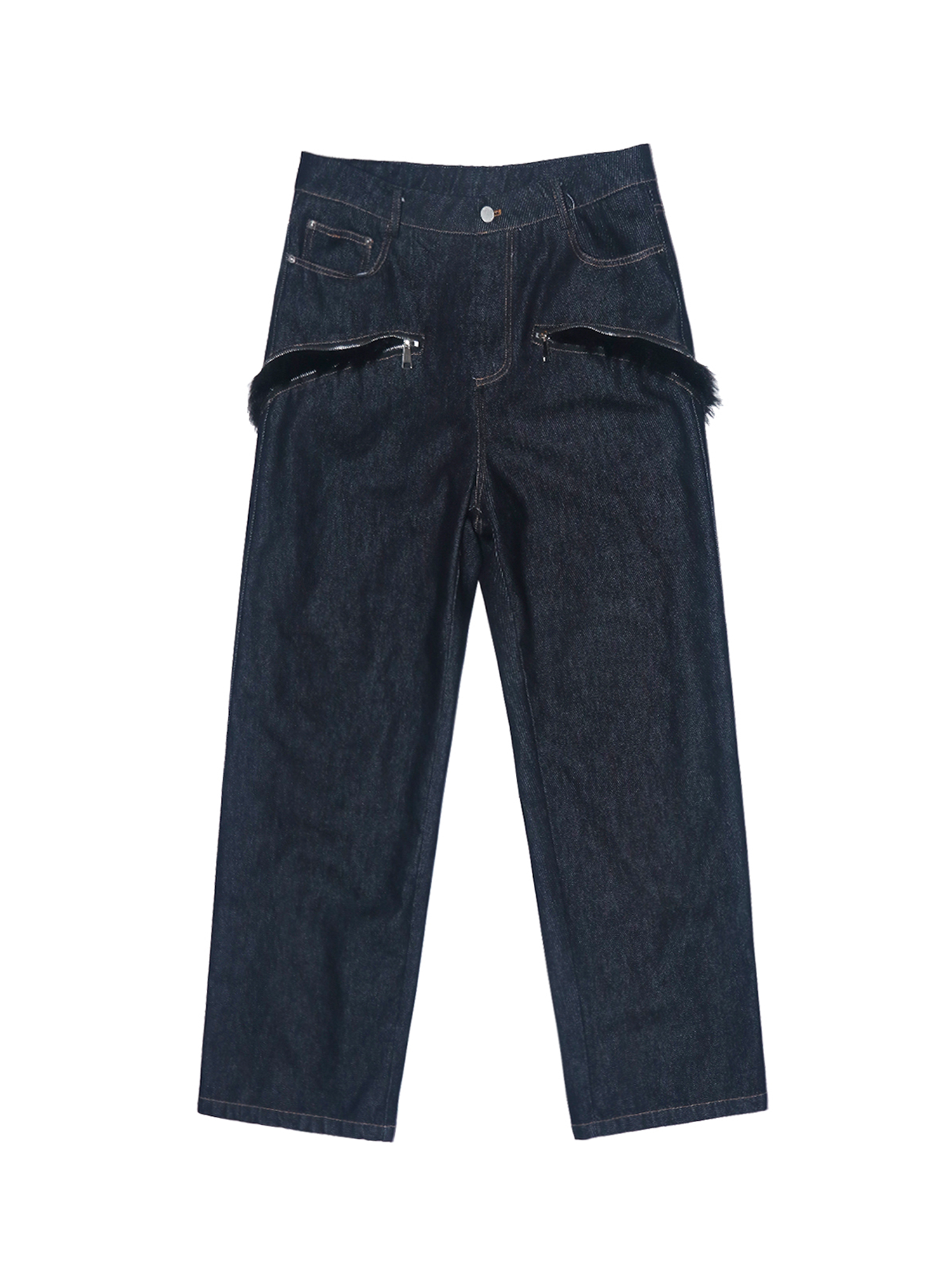 ASSEEN Faux Fur-Spliced Raw Denim Pants