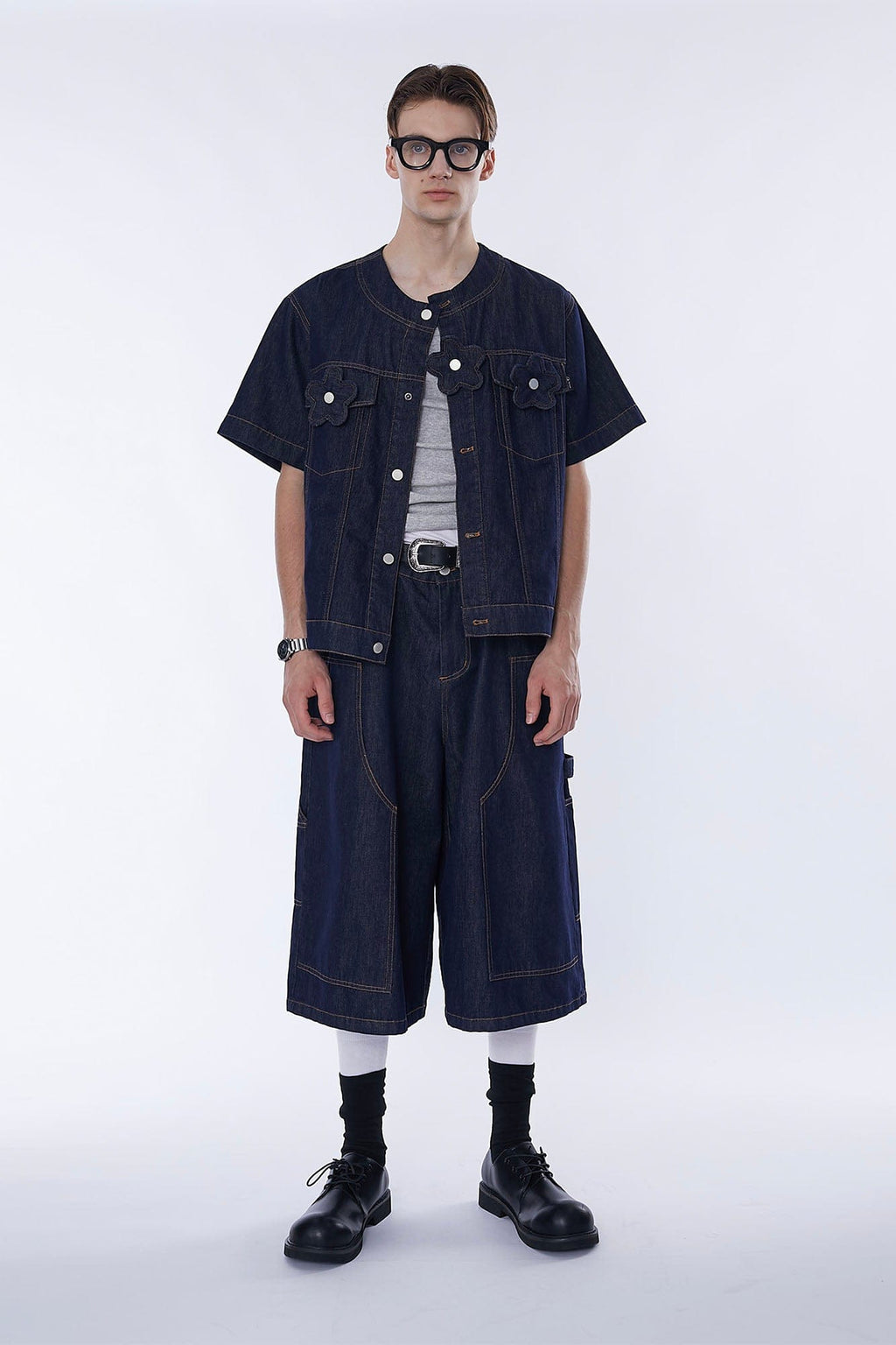 ASSEEN Flower Patchwork Stitched Raw Denim Half Shirt