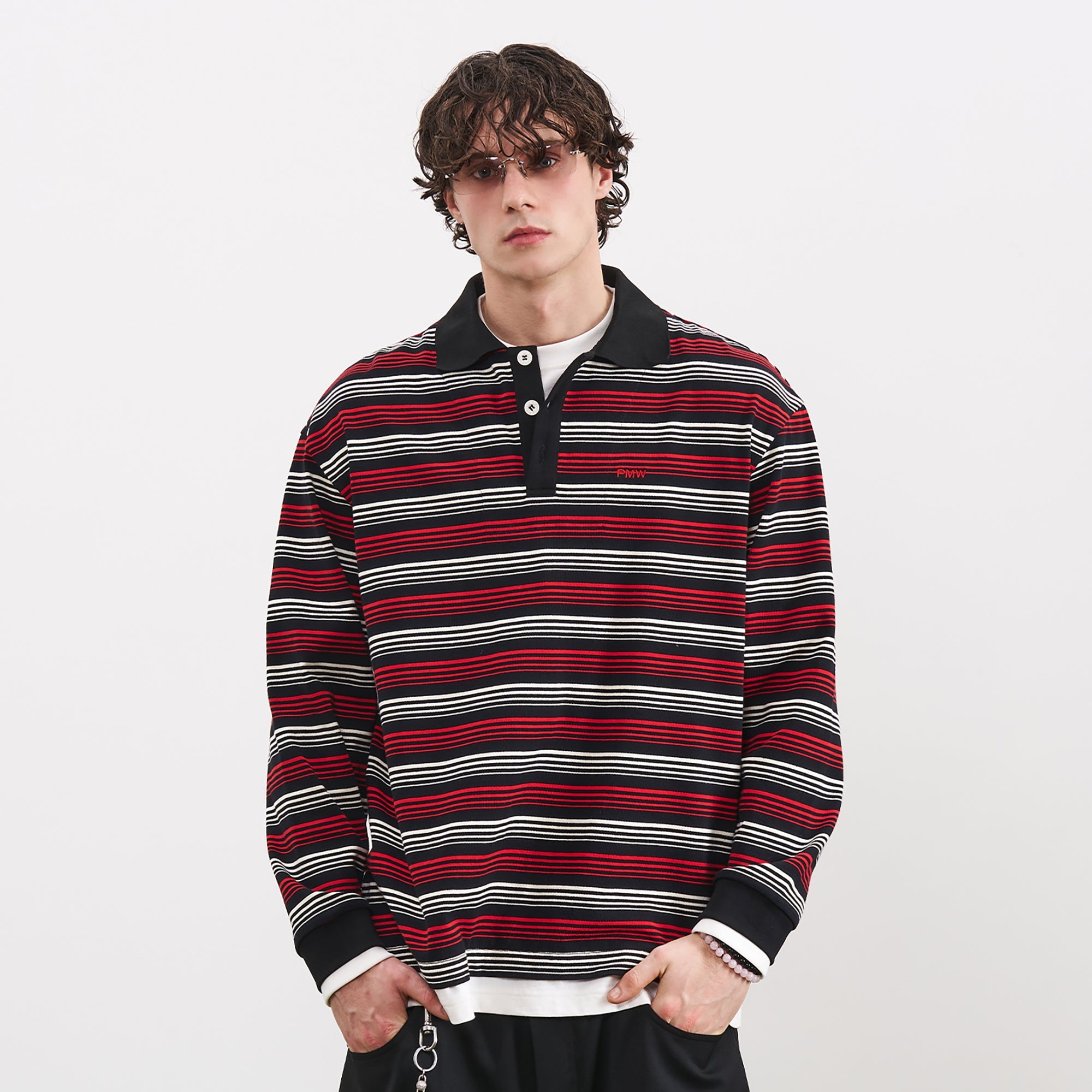 PMW Faux-Layer Stripe Long-Sleeve Polo