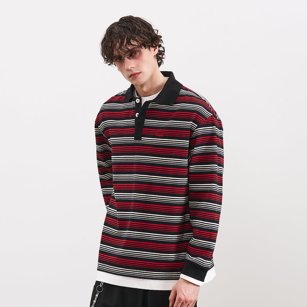 PMW Faux-Layer Stripe Long-Sleeve Polo