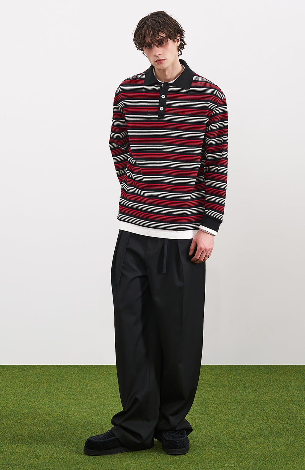 PMW Faux-Layer Stripe Long-Sleeve Polo