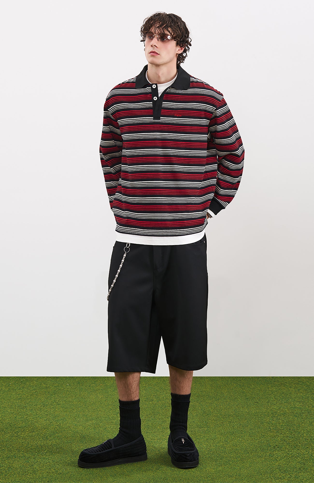 PMW Faux-Layer Stripe Long-Sleeve Polo