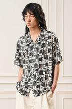 EPIC POETRY Monochrome Collage Grid Cuban Half Shirt