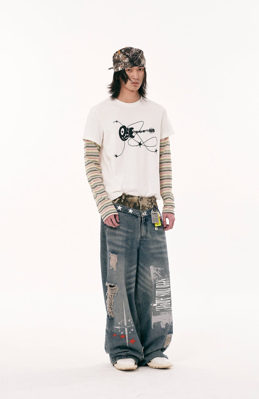 PASET Double Waist Camo Panel Distressed Jeans