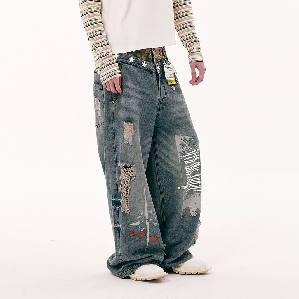 PASET Double Waist Camo Panel Distressed Jeans