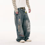 PASET Double Waist Camo Panel Distressed Jeans