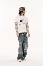 PASET Double Waist Camo Panel Distressed Jeans