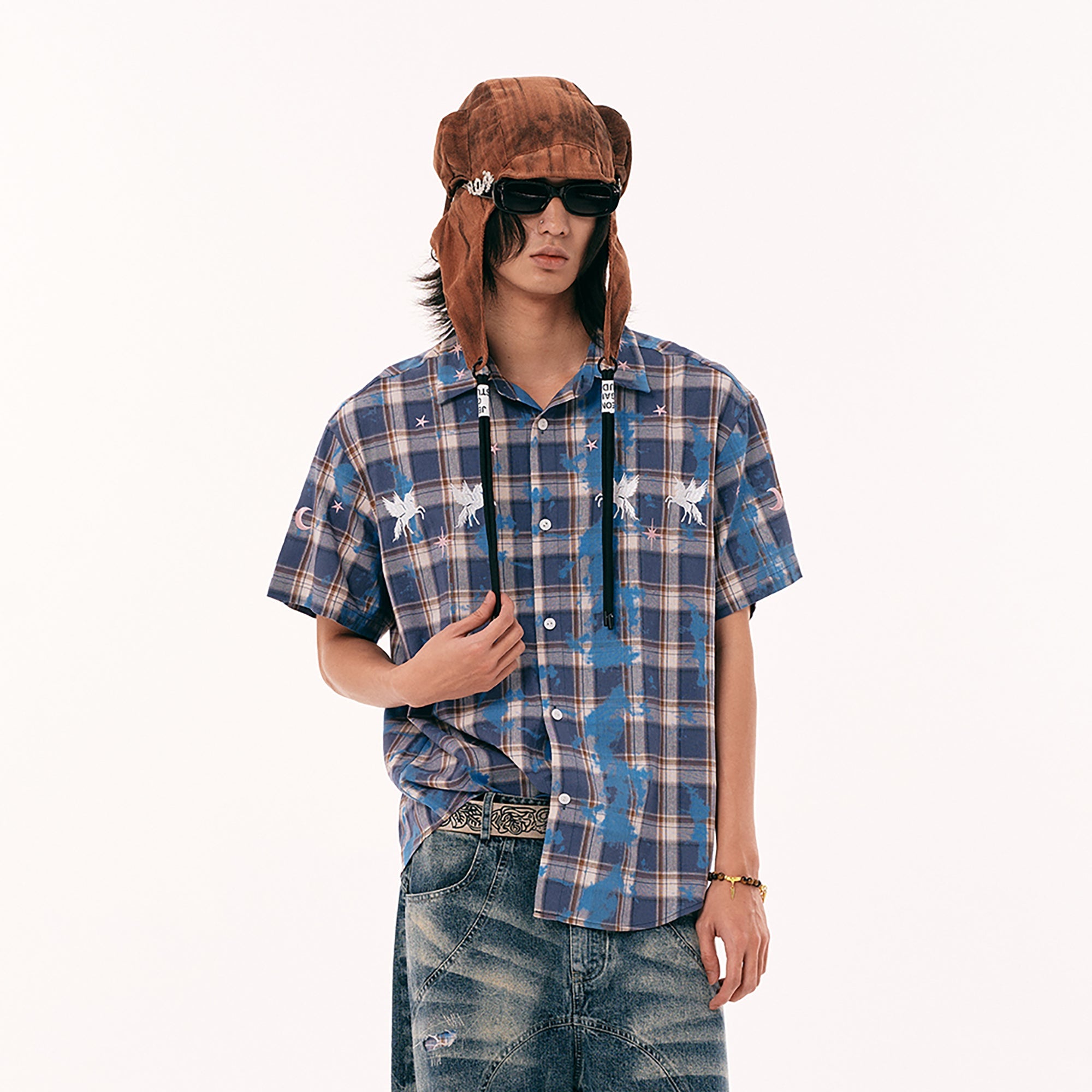 PASET Unicorn Embroidered Plaid Half Shirt