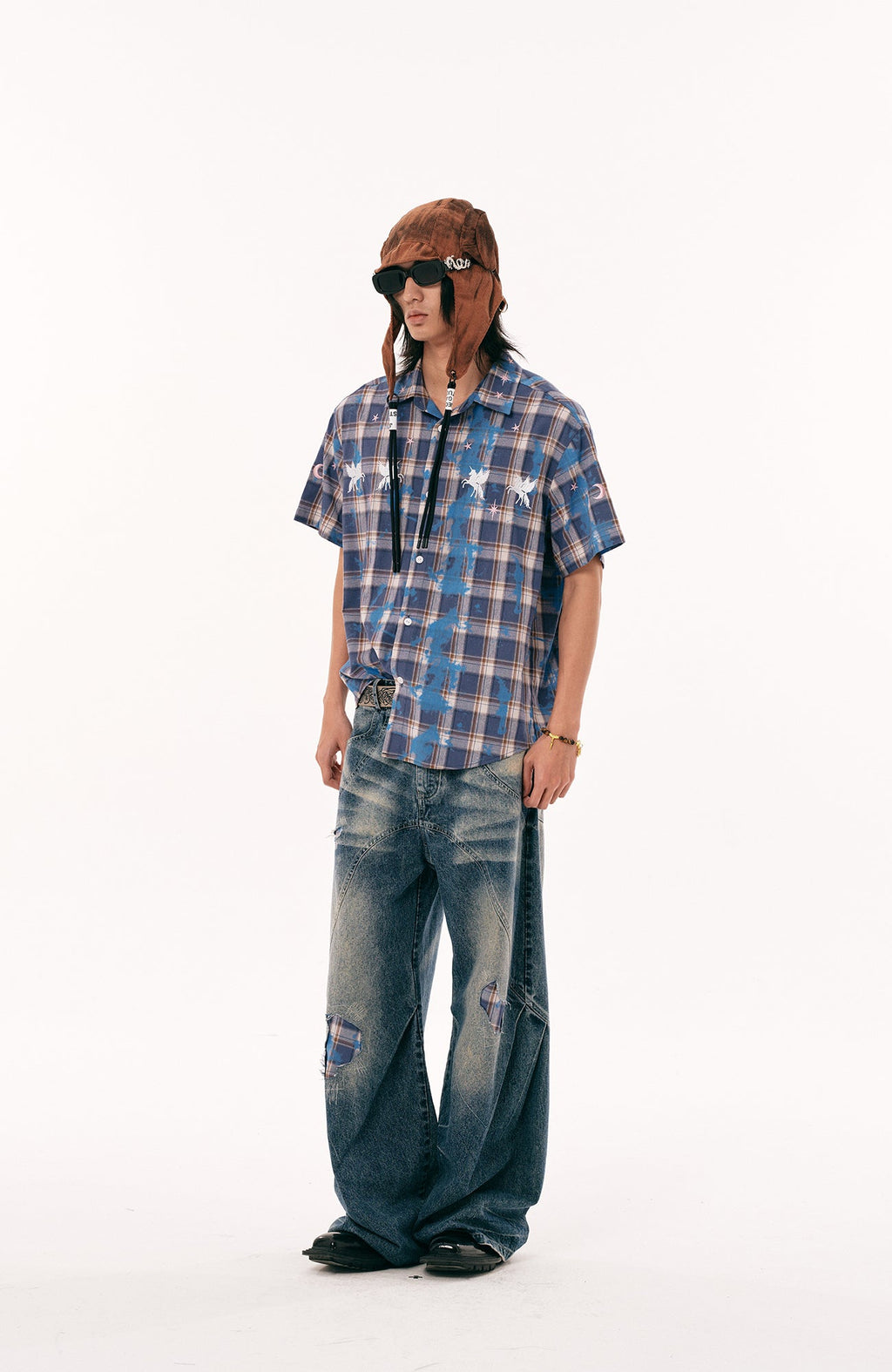 PASET Unicorn Embroidered Plaid Half Shirt