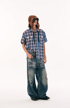 PASET Unicorn Embroidered Plaid Half Shirt