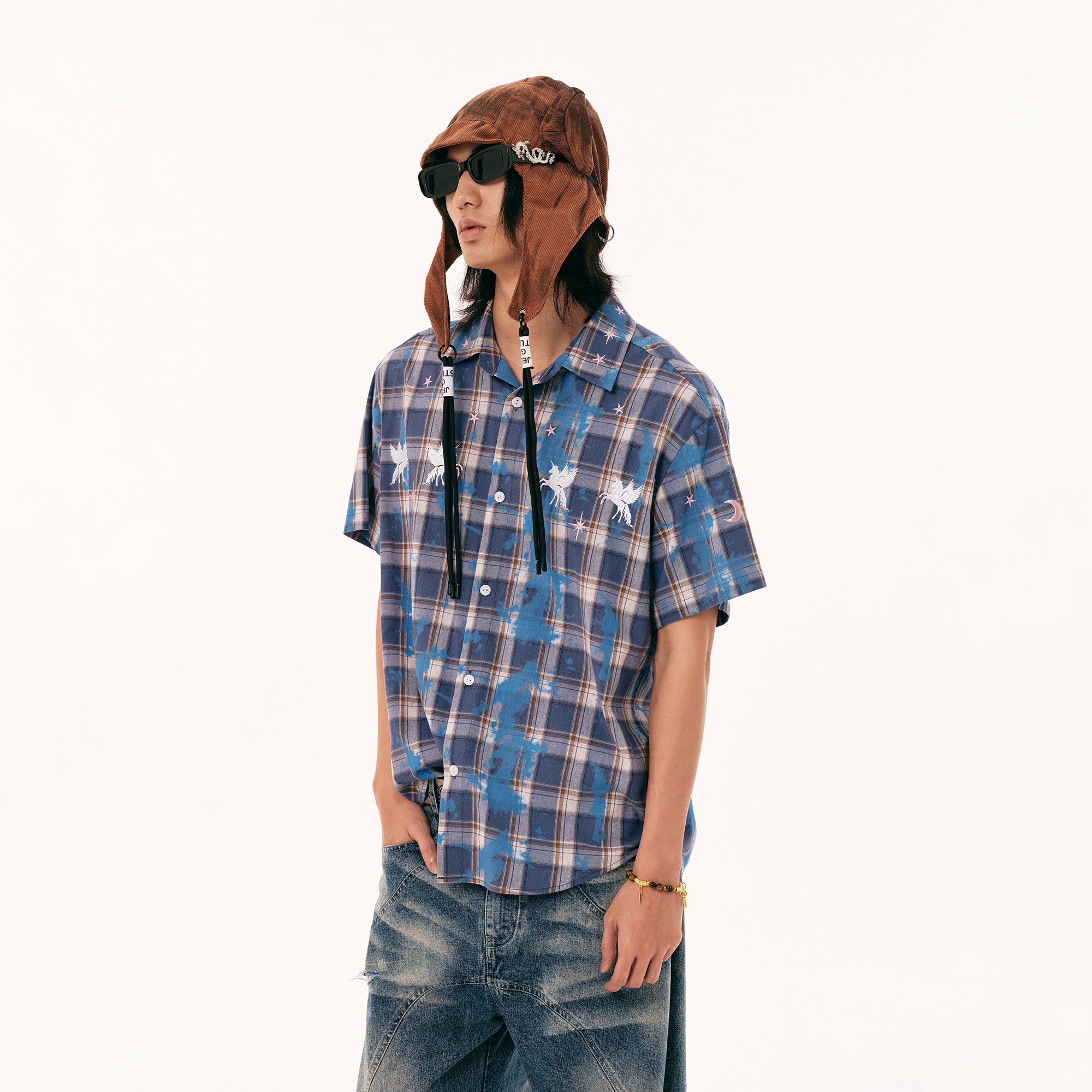 PASET Unicorn Embroidered Plaid Half Shirt