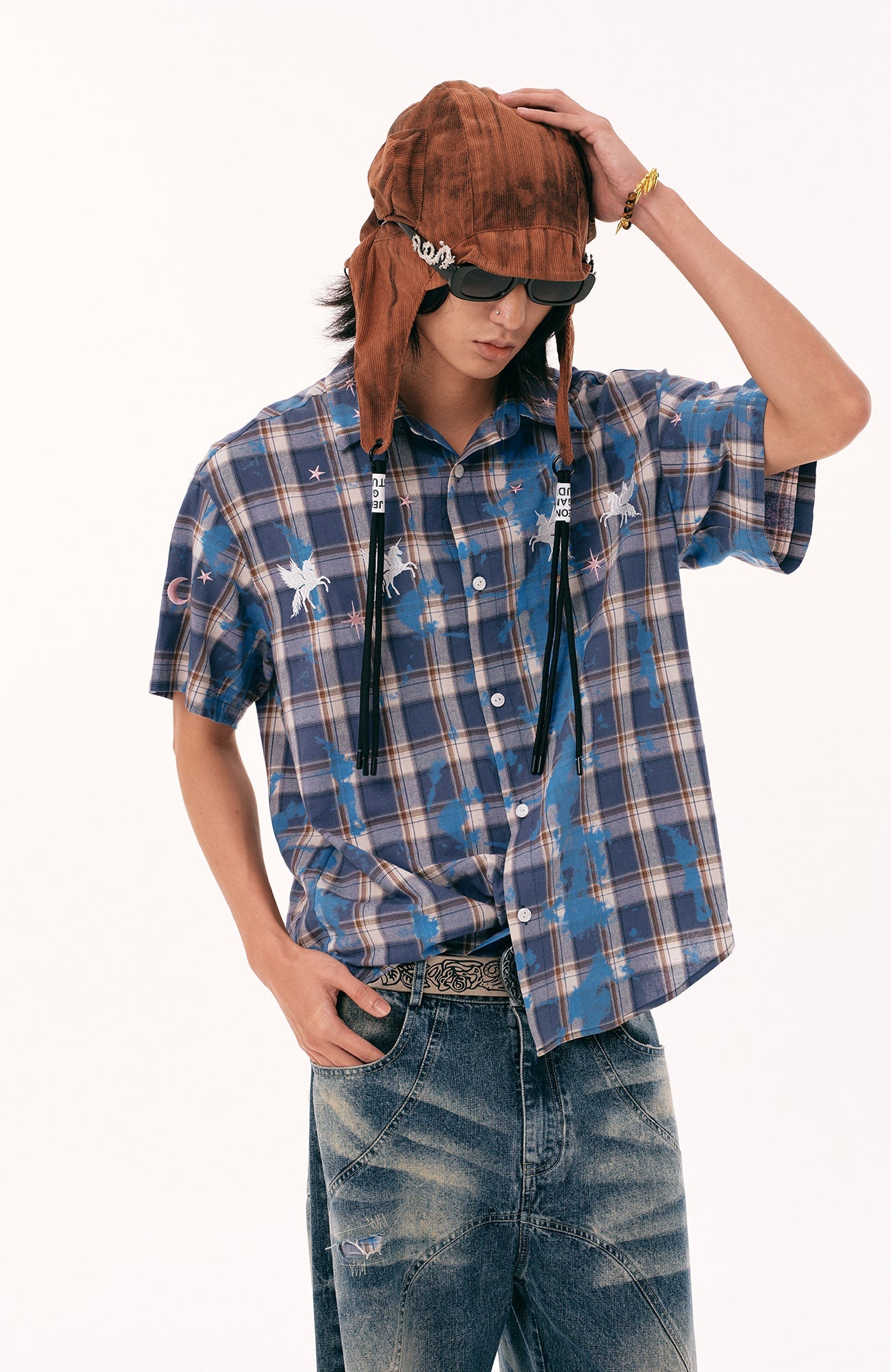 PASET Unicorn Embroidered Plaid Half Shirt