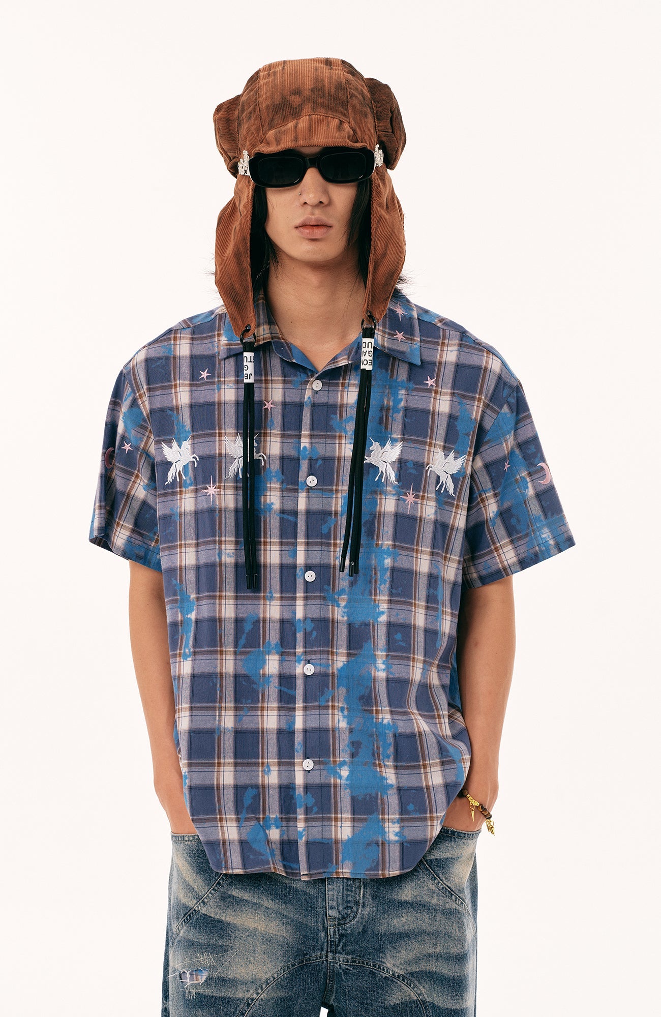 PASET Unicorn Embroidered Plaid Half Shirt
