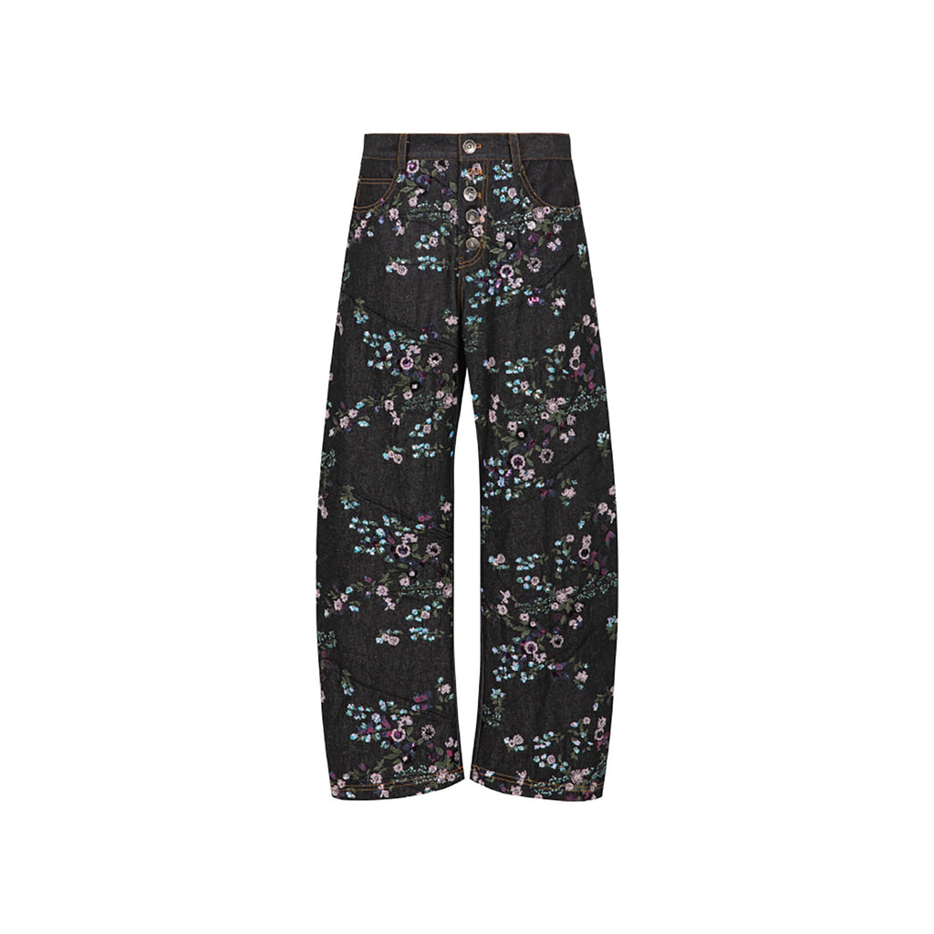 TUIMU Beaded Floral Embroidered Wide-Leg Denim Trousers