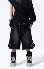 MOGONGSHE Detachable Drape-Strap Washed Jeans