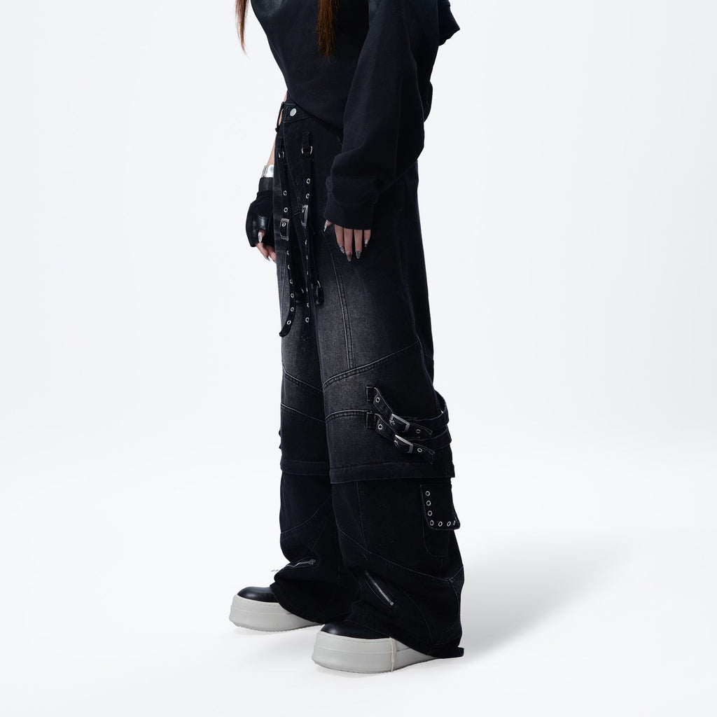 MOGONGSHE Detachable Drape-Strap Washed Jeans