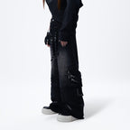 MOGONGSHE Detachable Drape-Strap Washed Jeans