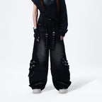 MOGONGSHE Detachable Drape-Strap Washed Jeans
