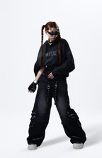 MOGONGSHE Detachable Drape-Strap Washed Jeans