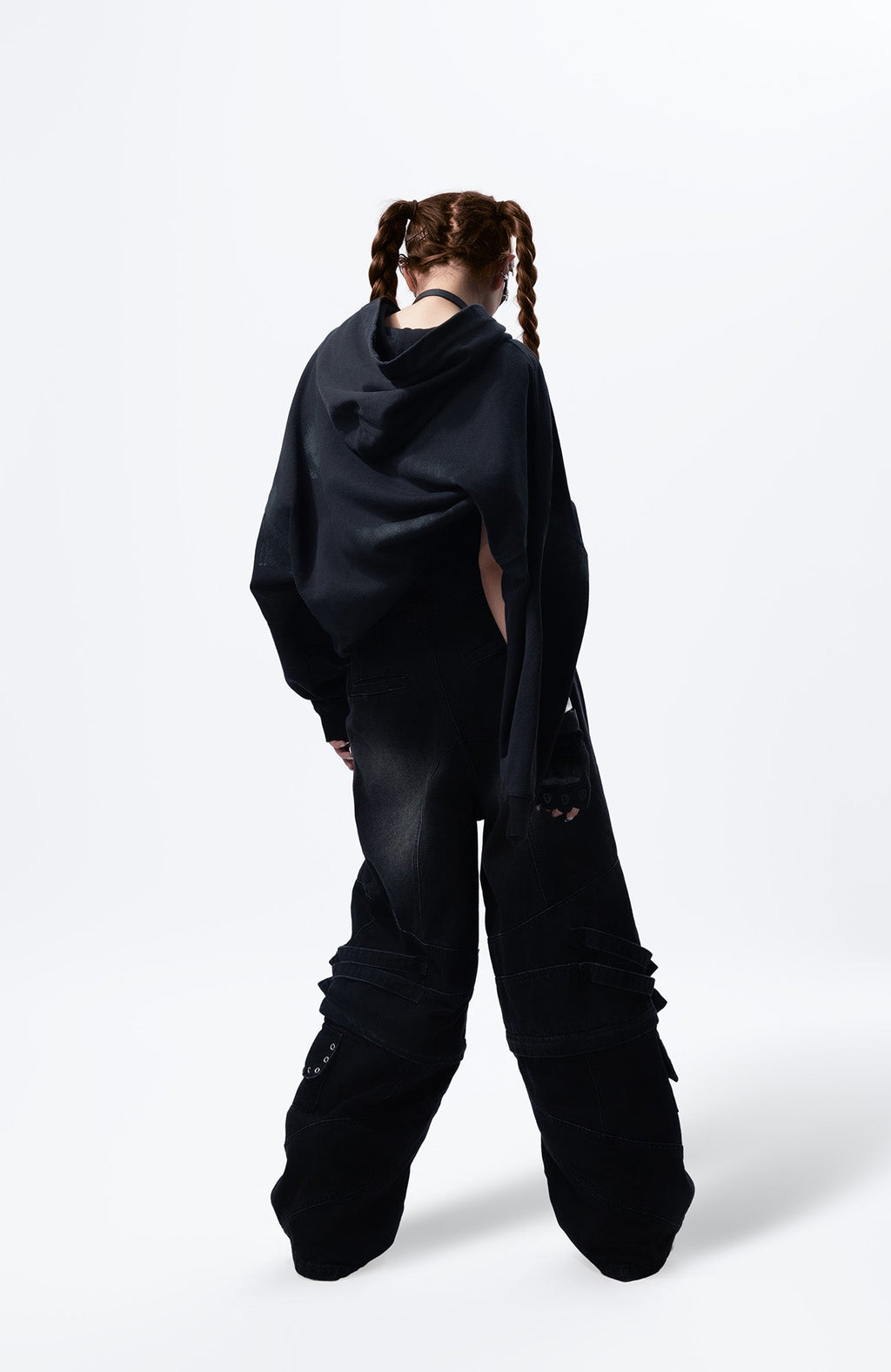MOGONGSHE Detachable Drape-Strap Washed Jeans