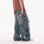 PASET Double Waist Camo Panel Distressed Jeans