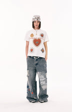 PASET Double Waist Camo Panel Distressed Jeans