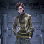 XIPHEVIL Ribbed Paneled Turtleneck Long-Sleeve Tee Green