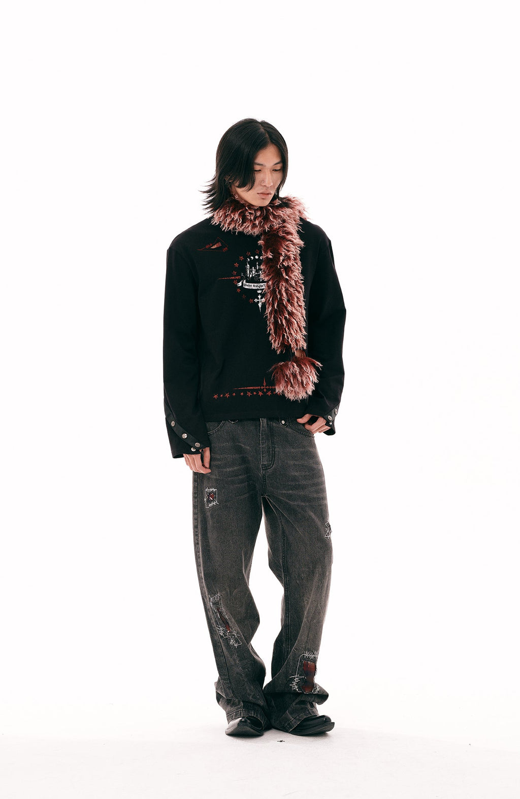 PASET Plaid Patch Distressed Back Buckle Jeans