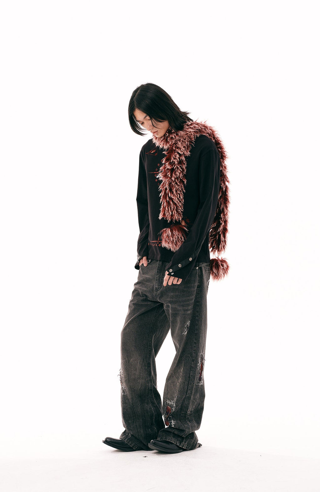 PASET Plaid Patch Distressed Back Buckle Jeans