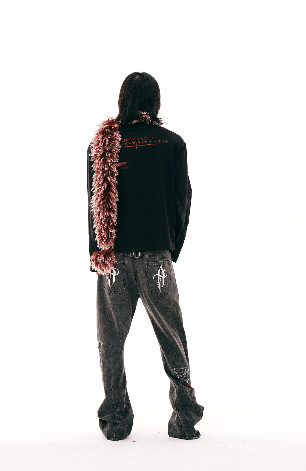 PASET Plaid Patch Distressed Back Buckle Jeans
