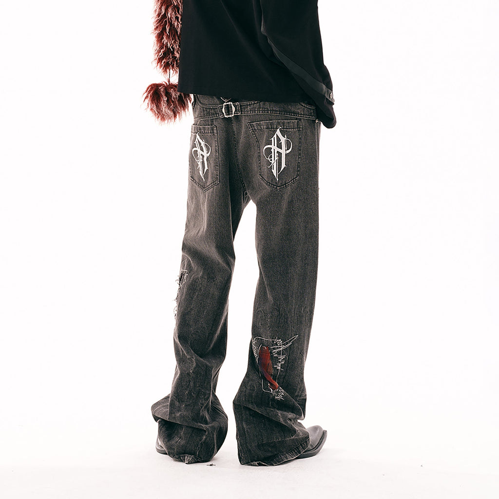 PASET Plaid Patch Distressed Back Buckle Jeans