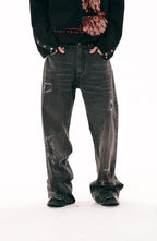 PASET Plaid Patch Distressed Back Buckle Jeans