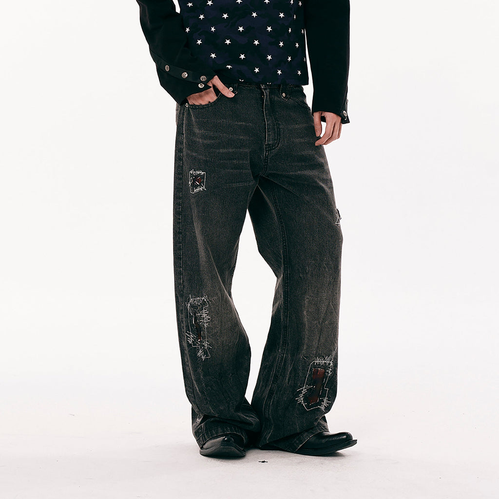 PASET Plaid Patch Distressed Back Buckle Jeans