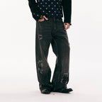 PASET Plaid Patch Distressed Back Buckle Jeans