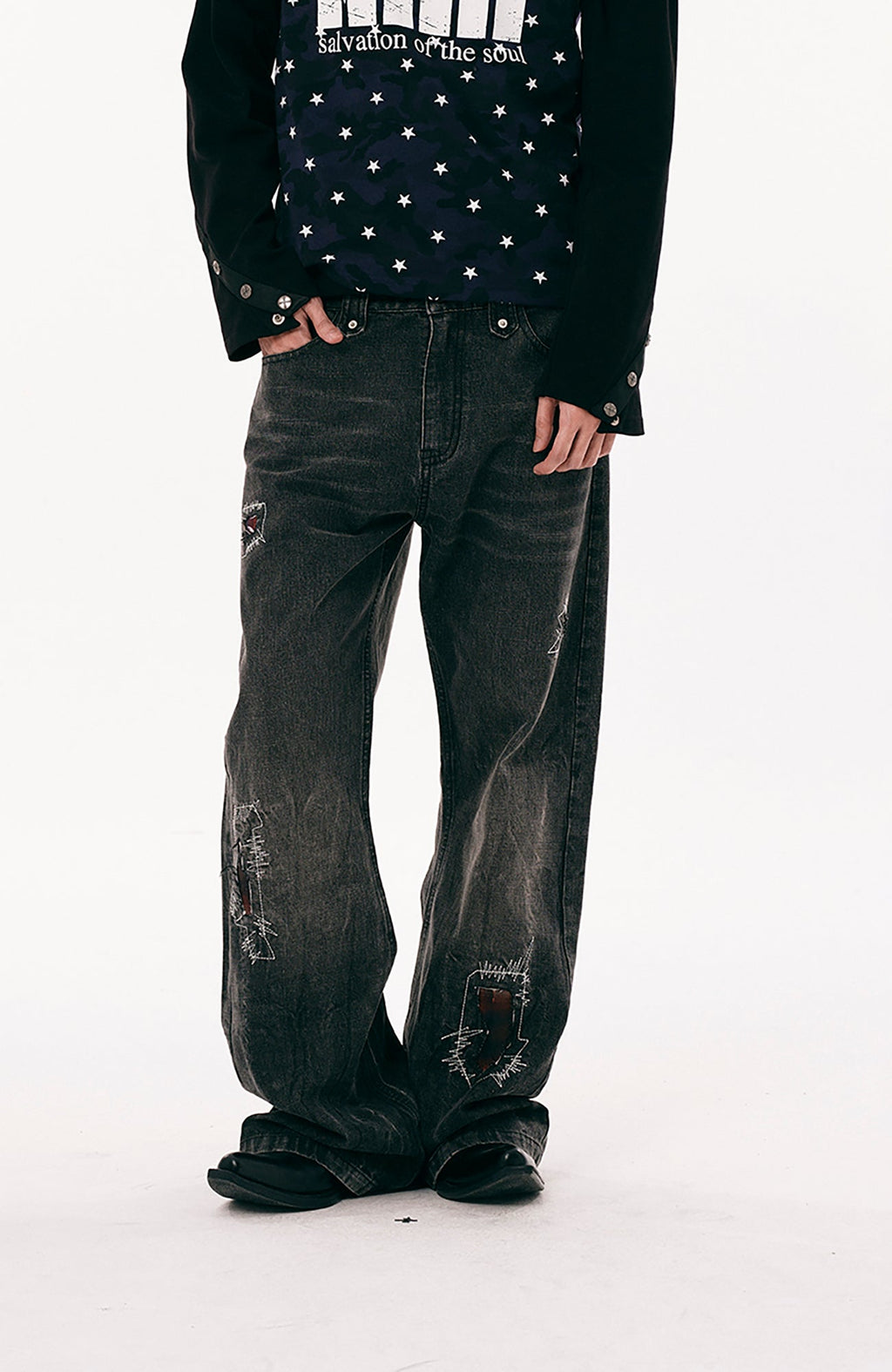 PASET Plaid Patch Distressed Back Buckle Jeans