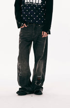 PASET Plaid Patch Distressed Back Buckle Jeans